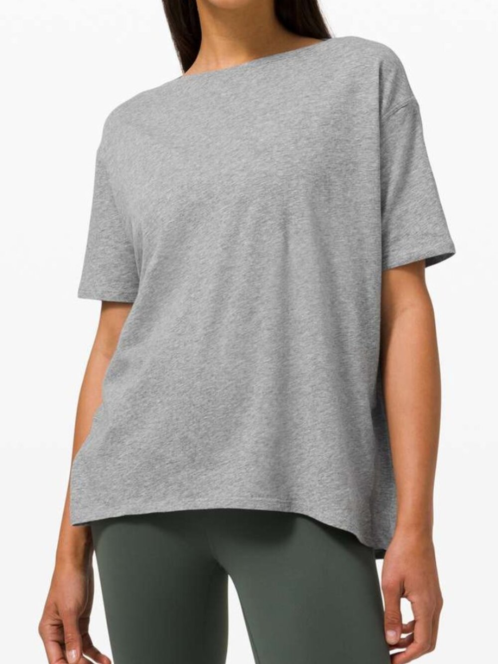 Lululemon Back In Action Heather Gray Relaxed Fit Short Sleeve Boatneck Top M?